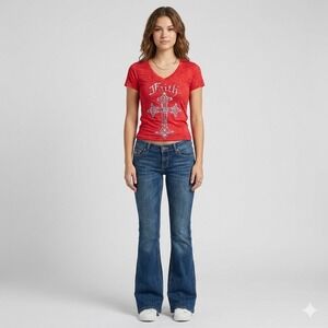 Vtg Y2K Cross Graphic‎ Tee S/M Red Burnout Faith McBling Grunge Gothic Cyber USA